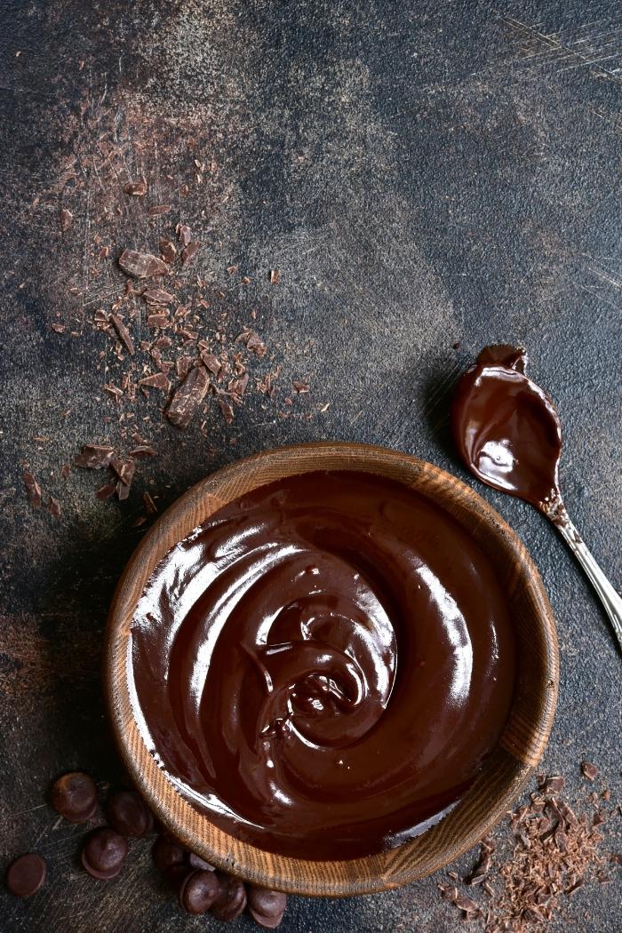 dark background with bowl of chocolate ganache