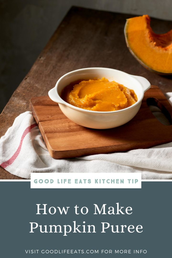 graphic with how to freeze pumpkin puree and a bowl of pumpkin puree