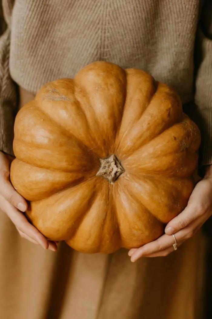 woman holding a large pumpkin