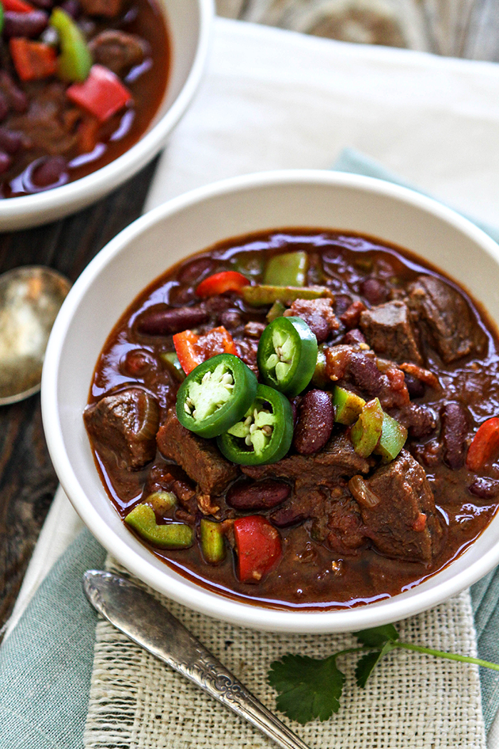 beef short rib chili topped with sliced jalapeno