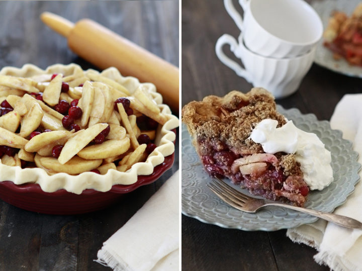 photo of cranberry apple pie assembled next to a photo of a slice of the baked pie
