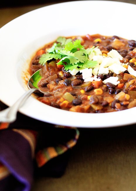 white bowl filled with Sweet Potato Black Bean Chili