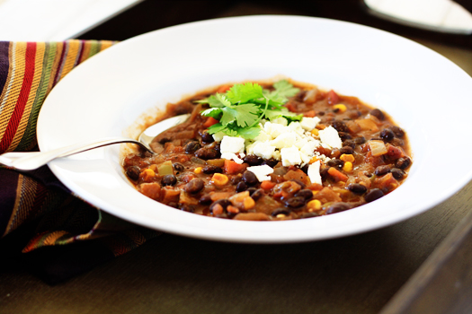 white bowl filled with Sweet Potato Black Bean Chili