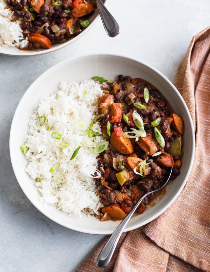 close up overhead shot of a bowl of black beans and rice