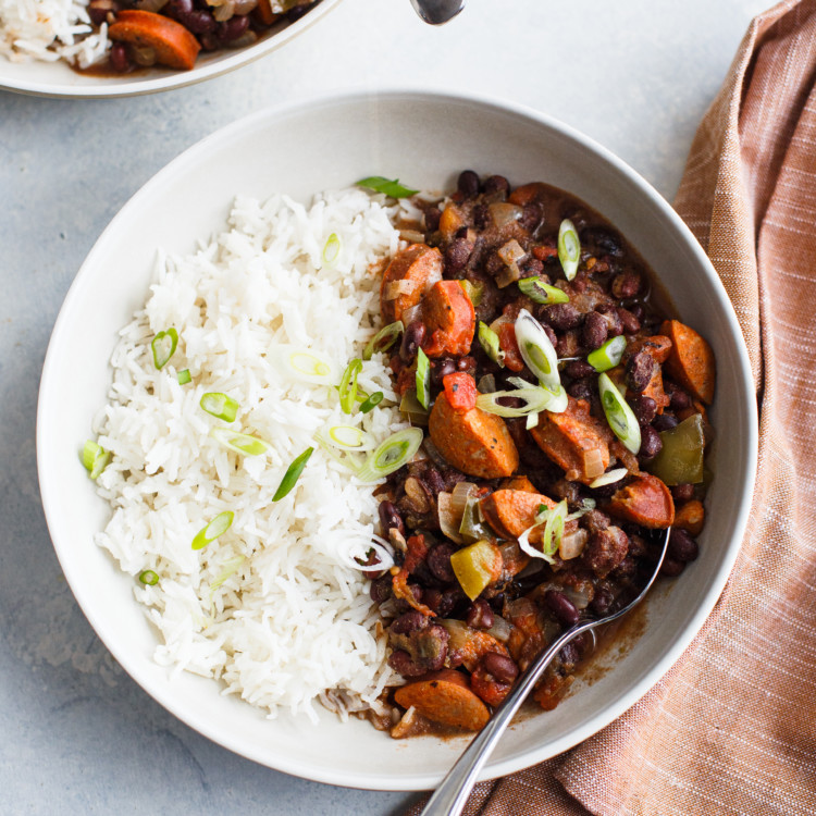 close up overhead shot of a bowl of black beans and rice