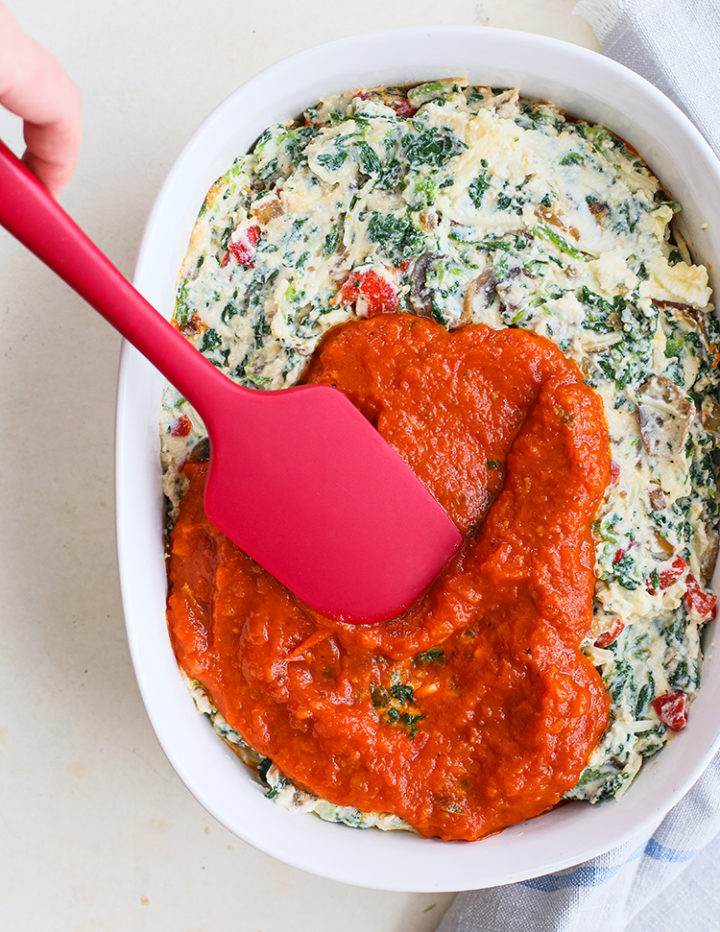 overhead shot of a pan of lasagna