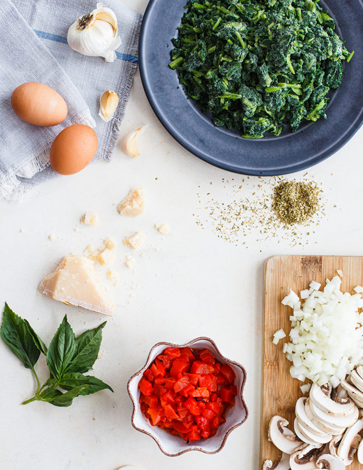 Spinach Mushroom Lasagna ingredients laid out on a counter 