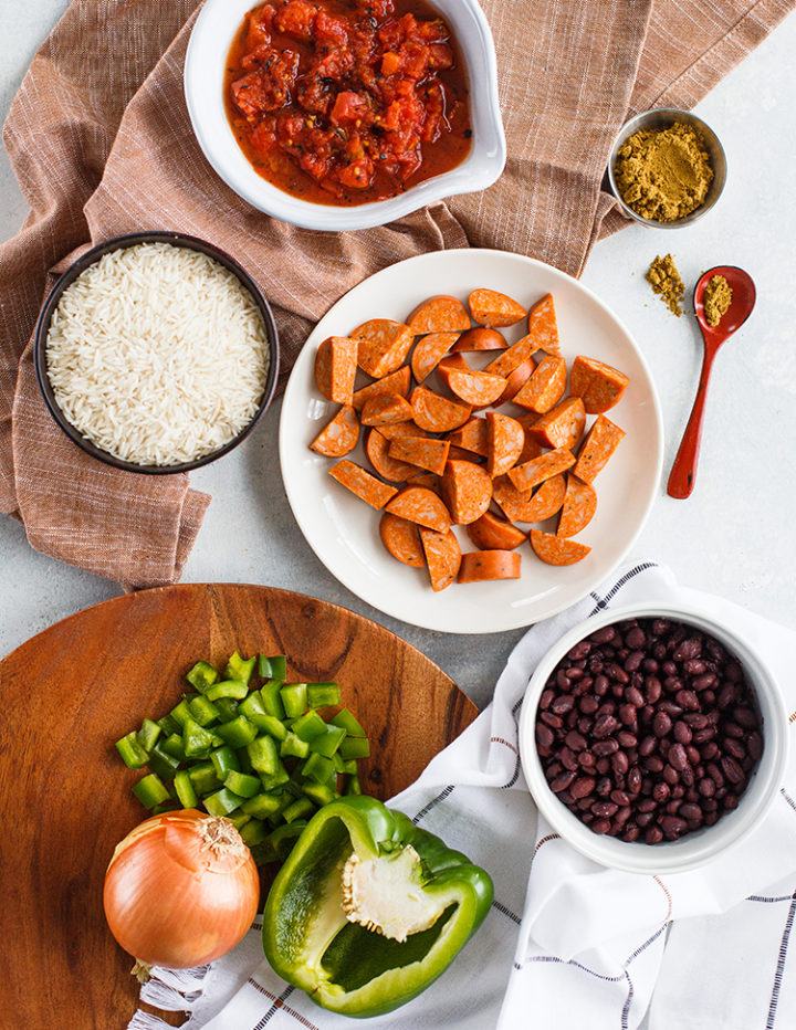 overhead shot of ingredients to make black beans and rice