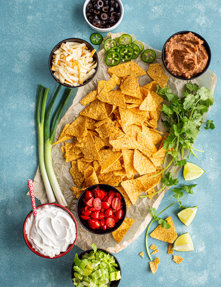 overhead shot of the ingredients in this easy nachos recipe