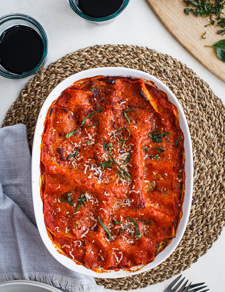 baked veggie lasagna in a casserole dish