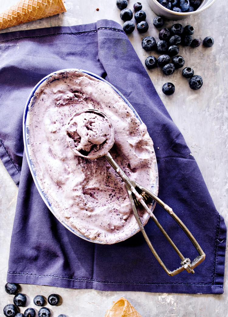 overhead shot of container of blueberry cheesecake ice cream