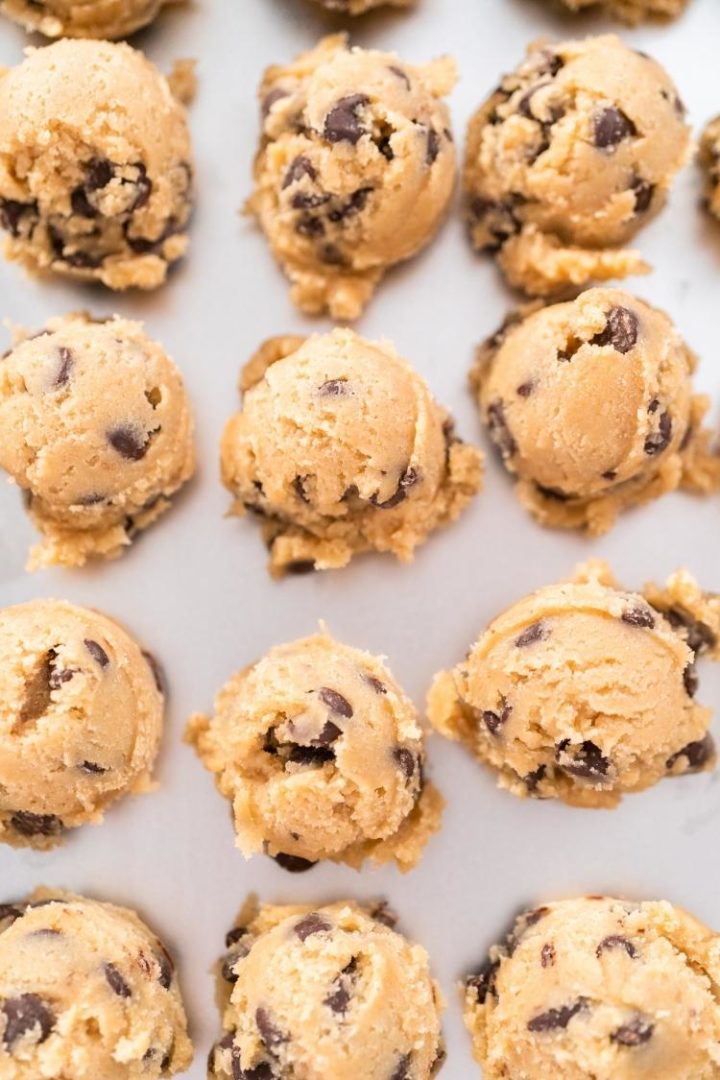 image of how to freeze cookie dough: 
 close up overhead shot of cookie dough for the freezer