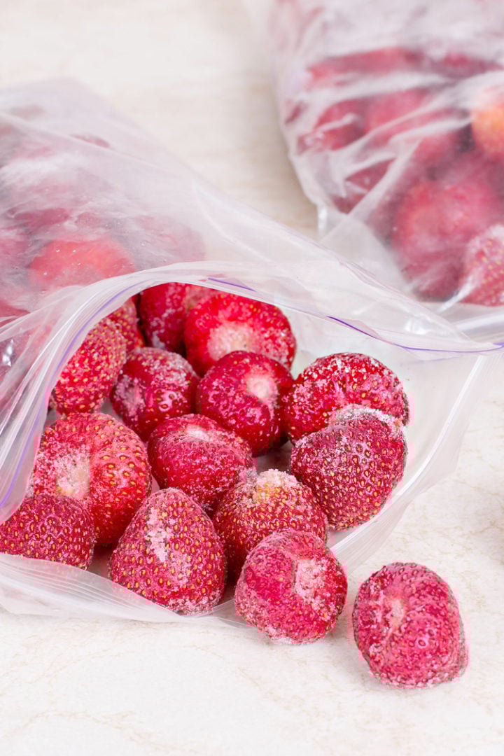 Frozen strawberries in a freezer bag 