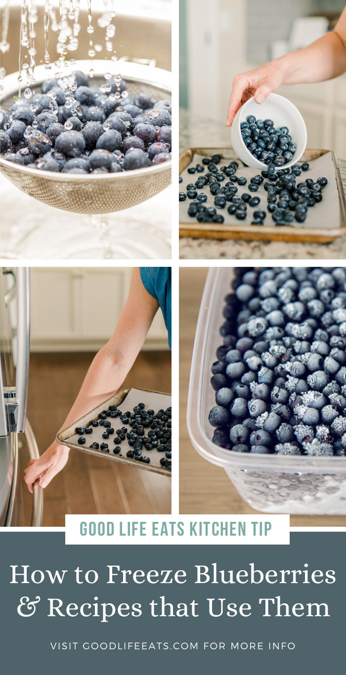 collage of step by step instructions for how to freeze blueberries