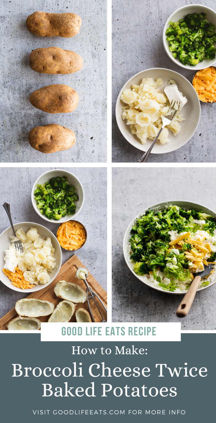 step by step photos demonstrating how to make broccoli cheese loaded twice baked potatoes