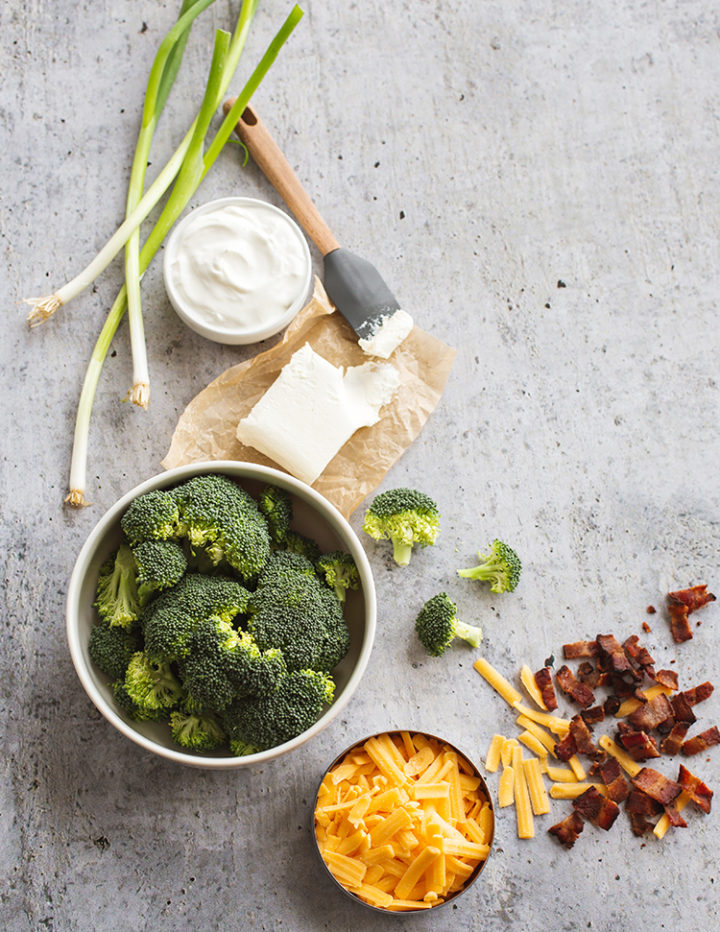 ingredients to make broccoli cheese loaded twice baked potatoes
