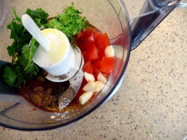 photo of lime vinaigrette ingredients in a food processor for a taco salad recipe
