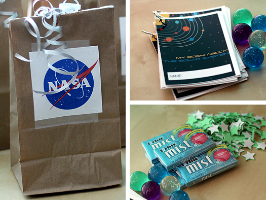 photo of space themed birthday party favors for a spaced themed birthday party