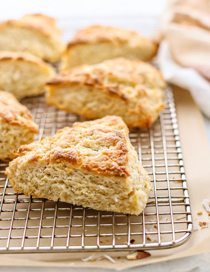 photo of coconut scones on a cooling rack after baking