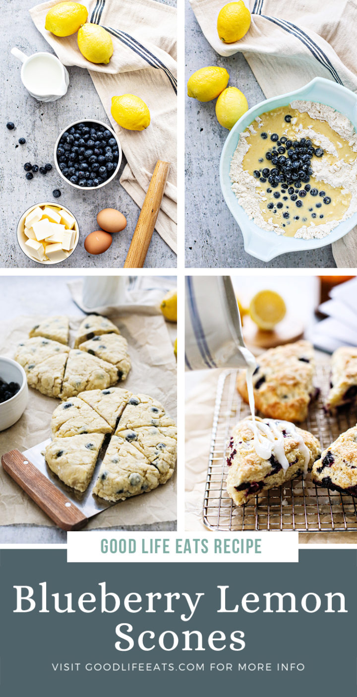 Collage-style pin graphic with 4 images of scones: Step-by-step collage showing how to make blueberry scones with lemon. 1. fresh ingredients, 2. mixing the dough with blueberries, 3. scoring the scones, and 4. glazing them after baking. 