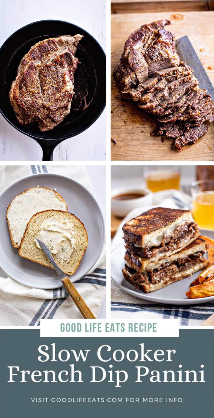 step by step photos of preparing a recipe for a french dip panini