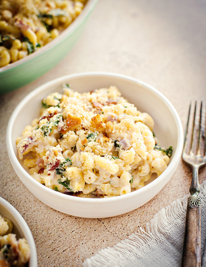 white cheddar mac and cheese topped with crushed homemade croutons