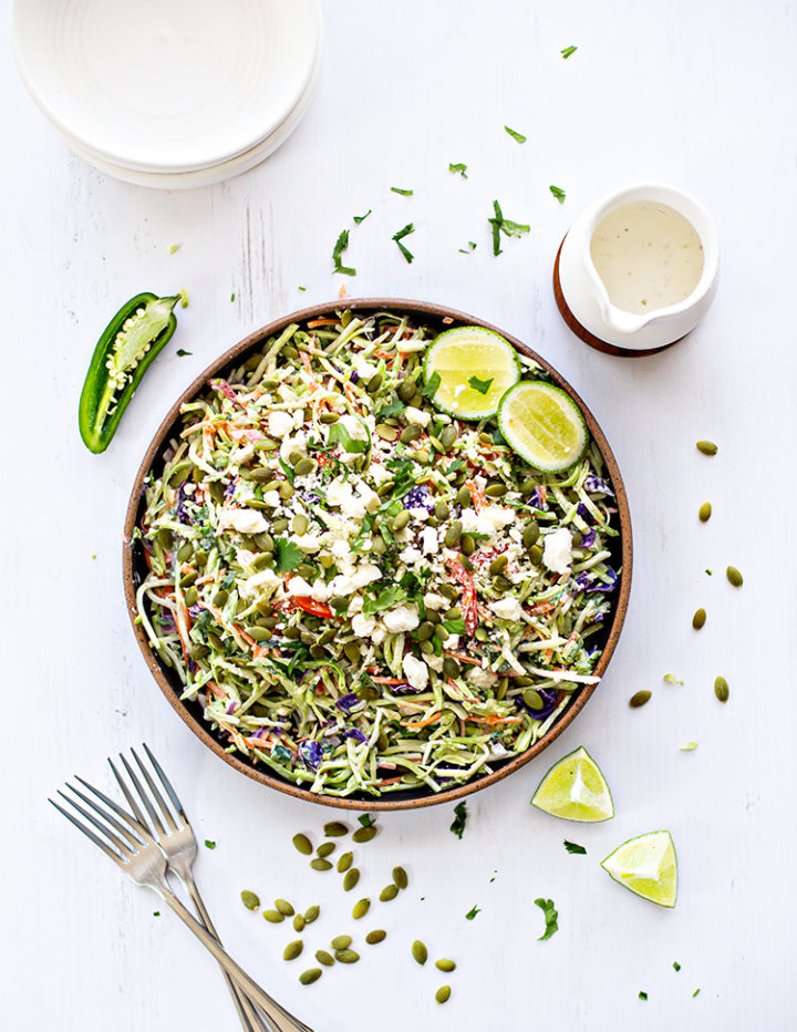 overhead photo of a large bowl of cilantro lime broccoli slaw