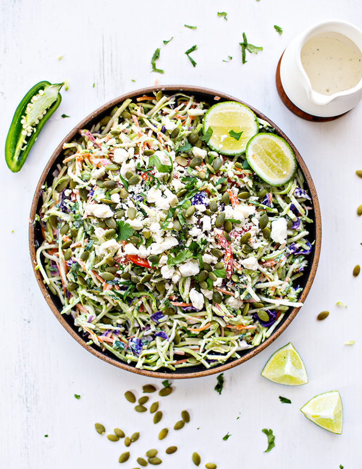 overhead photo of a large bowl of cilantro lime broccoli slaw