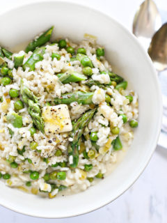 overhead shot of a bowl of asparagus risotto