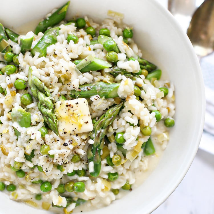 overhead shot of a bowl of asparagus risotto