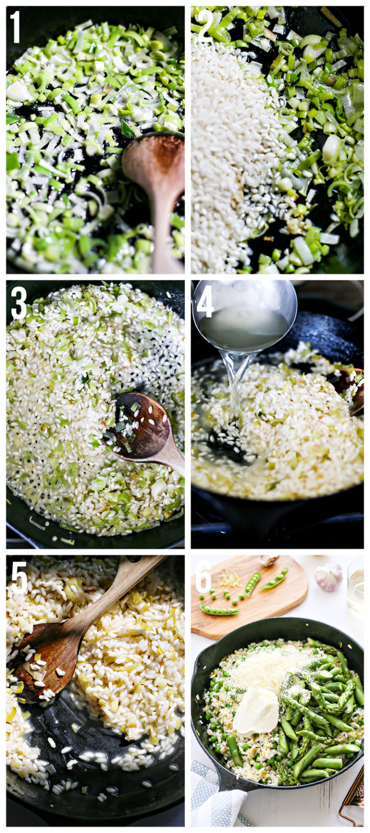 A six-step photo collage showing how to make lemon asparagus risotto from start to finish. Includes sautéing leeks, stirring arborio rice, adding warm broth, and finishing with mascarpone, peas, asparagus, and parmesan. A helpful visual guide for mastering spring risotto.
