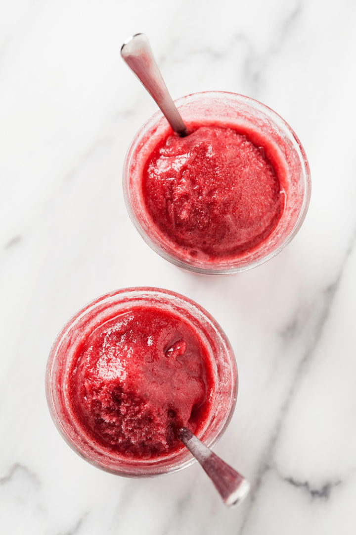 overhead photo of two glasses of pomegranate sorbet
