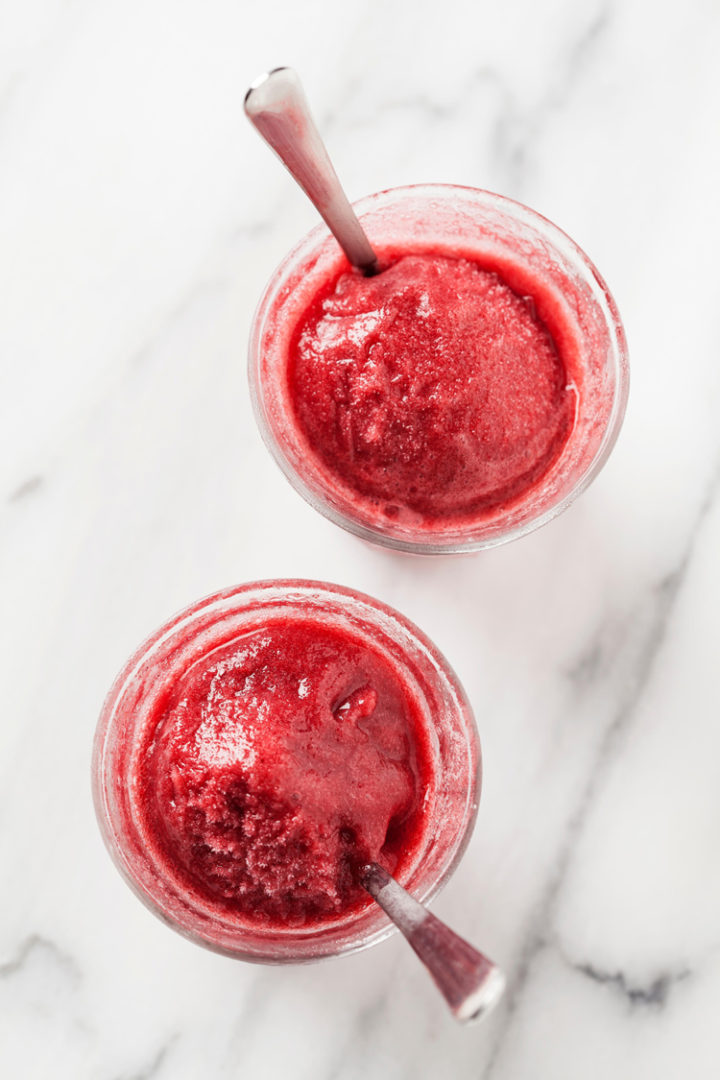 overhead photo of two glasses of pomegranate sorbet