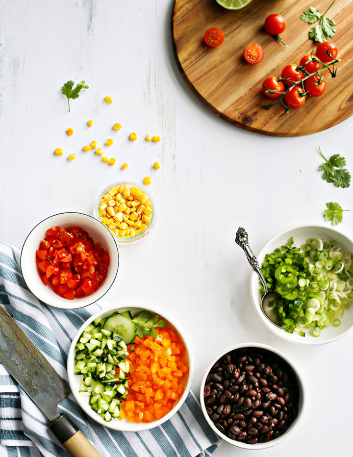 overhead photo of ingredients needed to make a black bean salad recipe