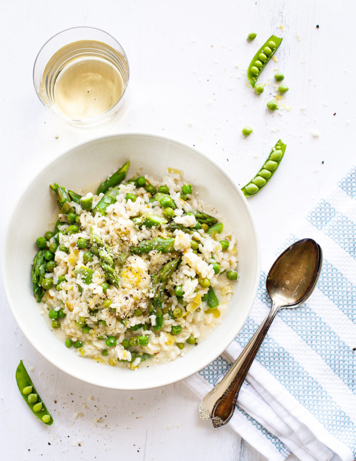 overhead photo of a bowl of asparagus risotto