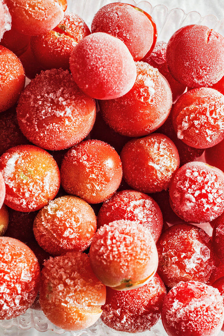 overhead shot of frozen cherry tomatoes