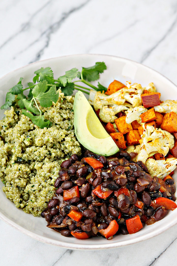 photo of a quinoa bowl with grilled sweet potatoes
