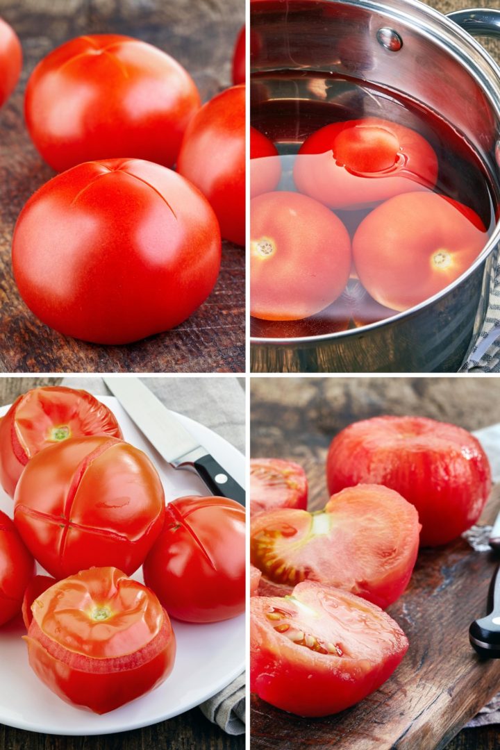 a photo tutorial collage for how to blanch tomatoes before freezing tomatoes