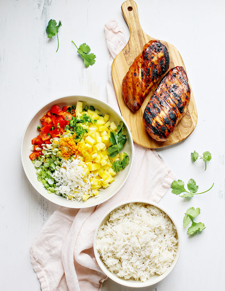 a photo of ingredients to make pineapple salsa chicken