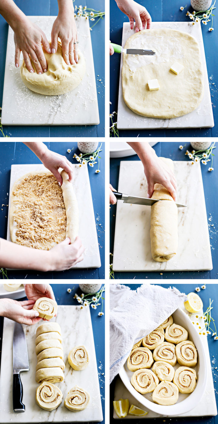 step by step photos of rolling the dough for lemon rolls
