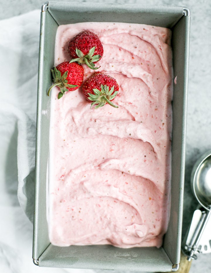 overhead photo of strawberry gelato in a container