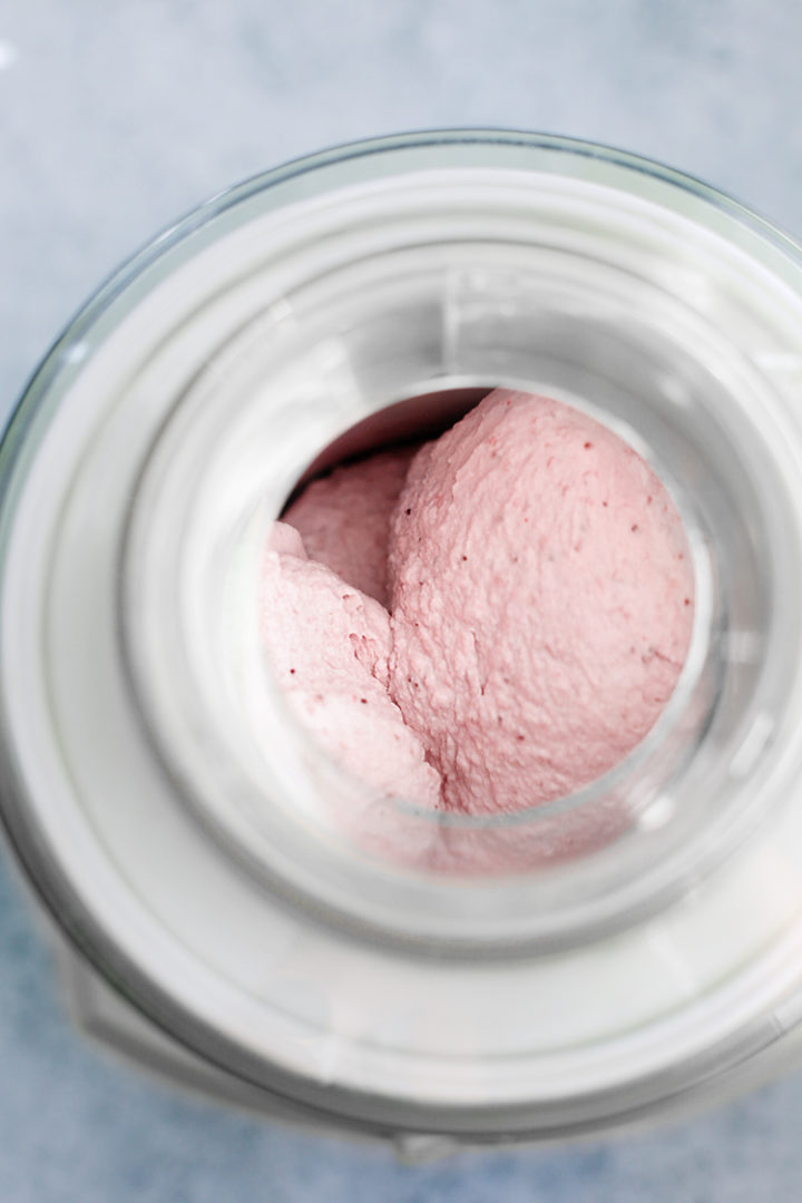 photo of strawberry gelato churning in an ice cream machine