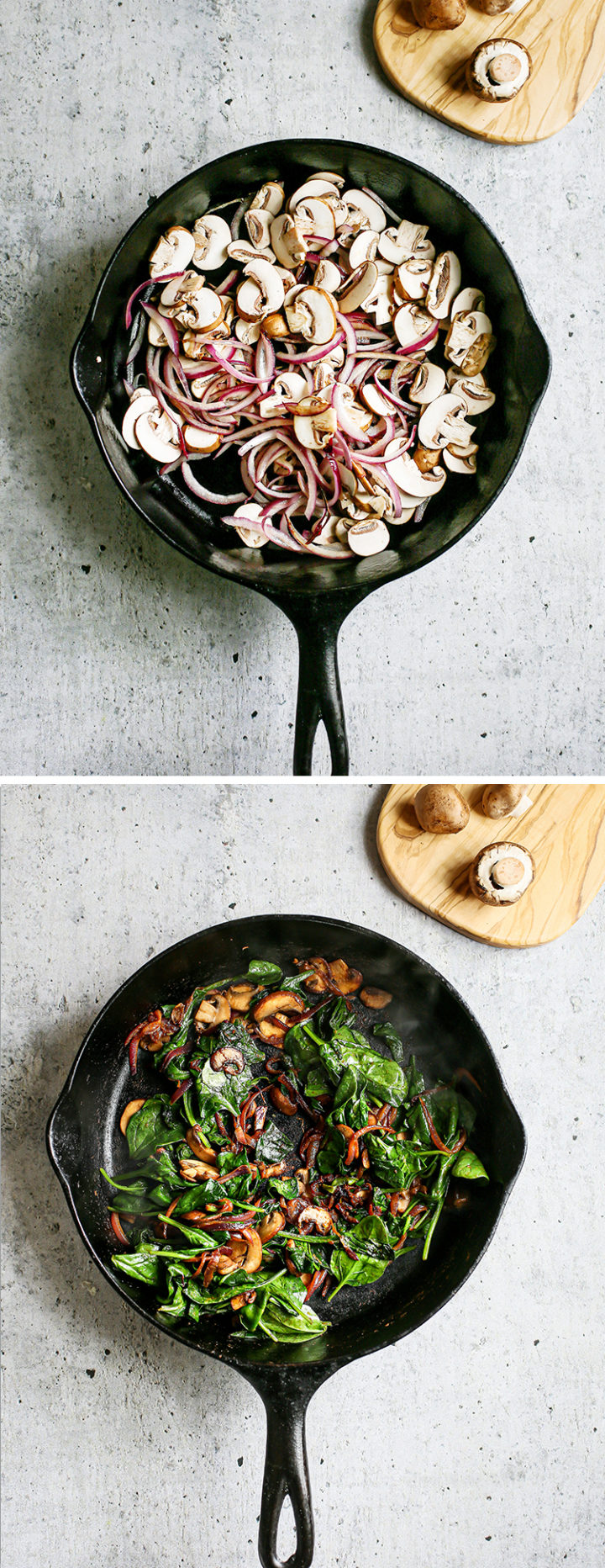 photo of cooking spinach, mushrooms, and onions for a veggie quesadilla