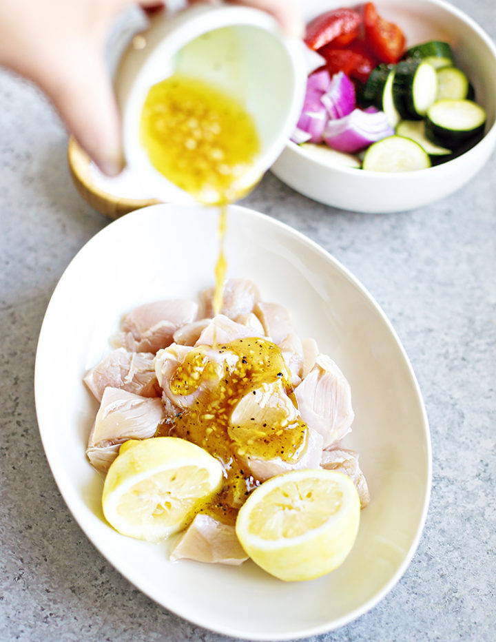 chicken in honey garlic lemon marinade for grilled chicken kebabs