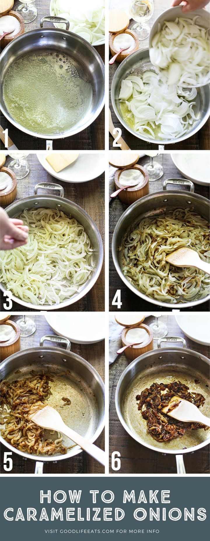 step by step photos of the process of caramelizing onions