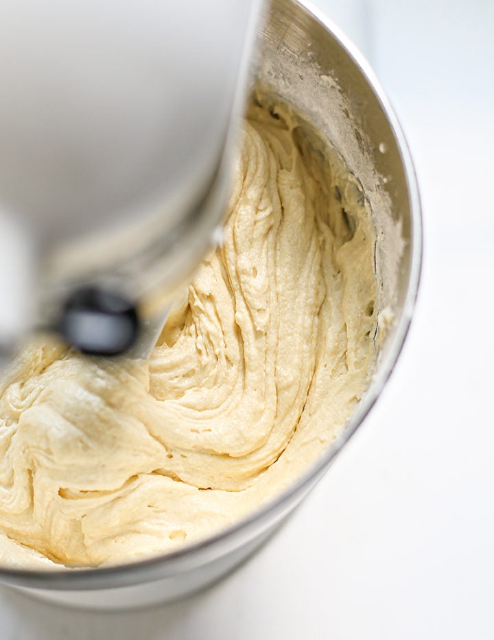 photo of cupcake batter being prepared in a mixer for a blackberry cupcake recipe