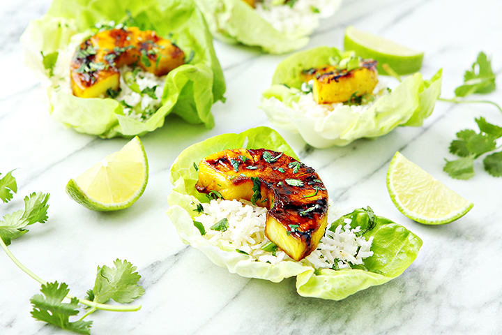 photo of lettuce cups with rice and brown sugar glazed pineapple