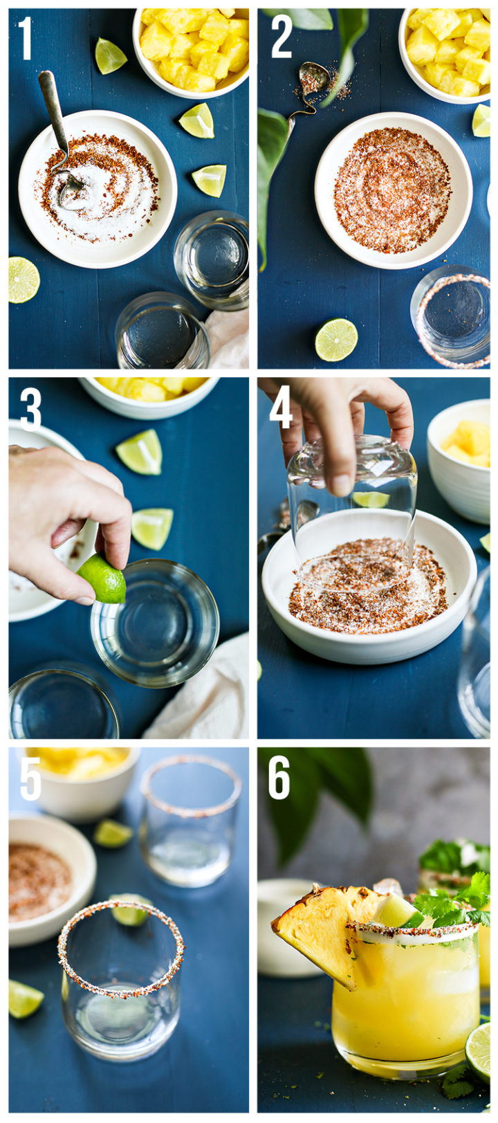 step by step photos showing how to make a margarita salt rim for a pineapple margarita