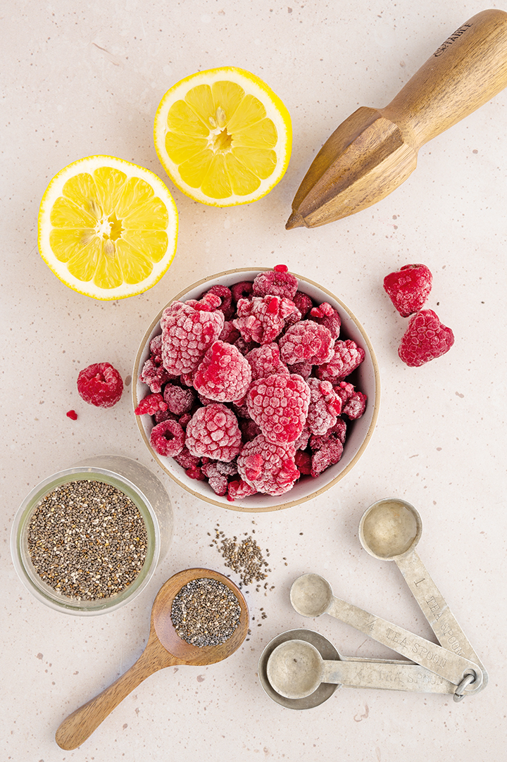 photo of ingredients to make raspberry chia jam