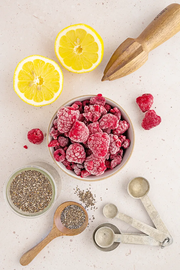 photo of ingredients to make raspberry chia jam